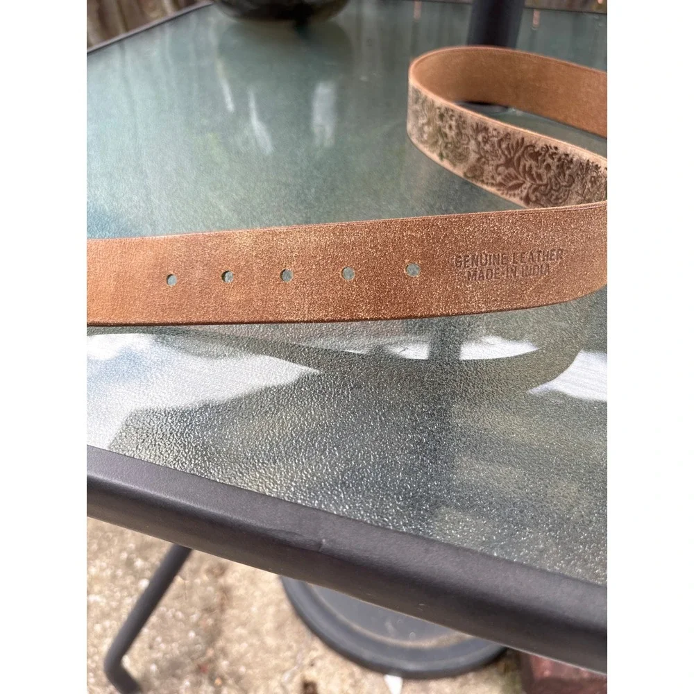 Womens Brown Leather Floral Embossed Belt Tigers Eye Stone Buckle Western Small